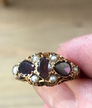 Victorian Antique Yellow Gold Hallmarked Garnet And Seed Pearl Scroll Ring 5