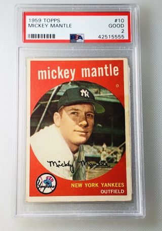 1959 Topps Mickey Mantle 10 Psa 2 Good Vintage Baseball Card Hof