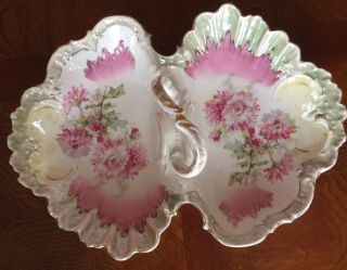 Vintage Floral Handled Divided Server Dish Porcelain Pink & White W/ Luster Edge