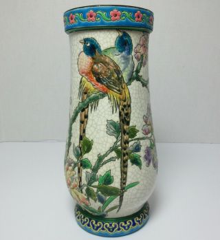 Antique Longwy French Pottery Vase Two Exotic Birds Large Signed