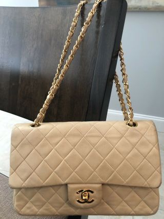 Authentic Vintage Chanel Quilted Beige Leather W/gold Chain