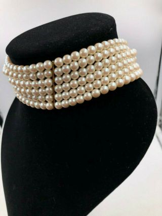 Givenchy Signed Stunning Fx Pearls Vtg Choker Necklace Multi Strand Gold Plate