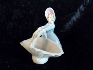 Adorable Vintage Porcelain Miniature Figurine Of Girl In Blue Holding Basket