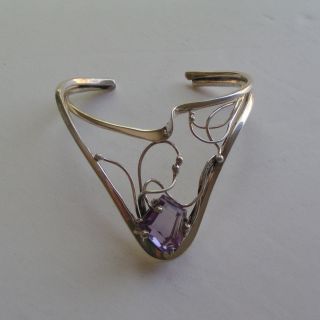 Art Nouveau Style Designer Sterling Silver Amethyst Cuff Bracelet