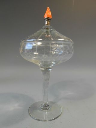 Fine Old Glass Covered Stemmed Compote W/ Sterling Marked H & M Mount Ca 20th C.