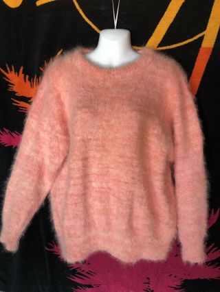 Handknit Angora Sweater Size L Xl Fluffy,  Peach Apricot Crewneck No Label
