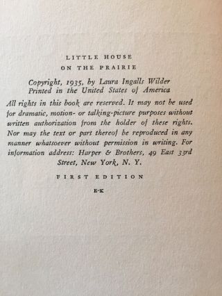 Laura Ingalls Wilder Little House on the Prairie 1935 First Edition Rare 9