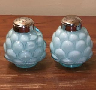 Consolidated Blue Satin Cased Salt And Pepper Shakers Acorn Pattern 1894 - 1900