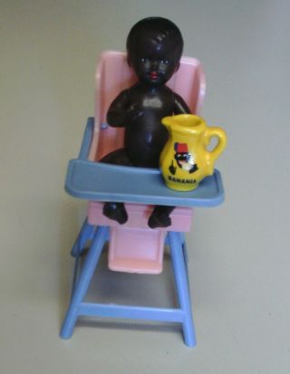 Vintage Jointed Emil Schwenk W.  Germany Celluloid Mini Black Doll,  High Chair