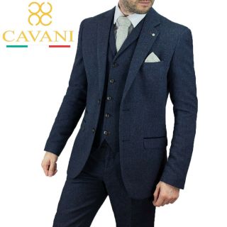 Mens Cavani Navy Tweed Herringbone Wedding Peaky Blinders Vintage 3 Piece Suit