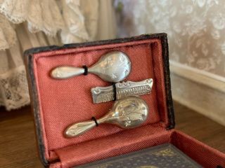 Antique Sterling Silver Miniature Dollhouse Brush Comb Mirror Set Case France