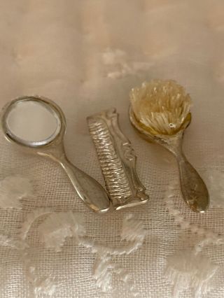 ANTIQUE Sterling Silver Miniature Dollhouse Brush Comb Mirror Set Case FRANCE 2
