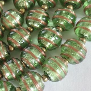 Long Vintage Venetian Murano Foiled Green Aventurine Art Glass Bead Necklace