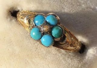 Antique Victorian Turquoise And Pearl Forget Me Not Yellow Gold Pretty Ring