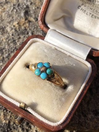 Antique Victorian Turquoise And Pearl Forget Me Not Yellow Gold Pretty Ring 2