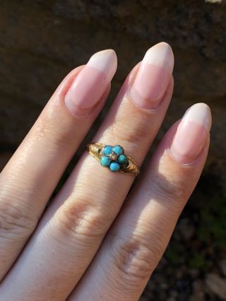 Antique Victorian Turquoise And Pearl Forget Me Not Yellow Gold Pretty Ring 4
