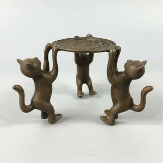 Exquisite Collectible Old Copper Handwork 3 Cats Chinese Candlestick Statue Rn