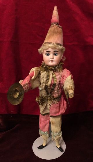 Antique Bisque Head Sonneberg Jester Pierrot With Cymbals Germany Circa 1890