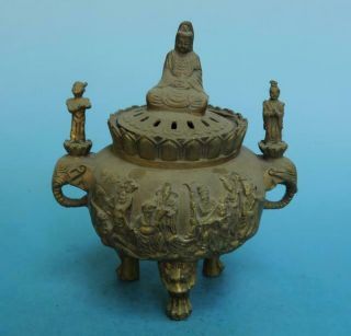 Chinese Old Pure Copper Hand - Carved Eight Immortals Kwan - Yin Statue Censer E01