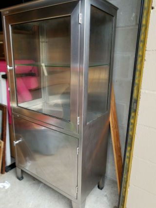 VINTAGE STAINLESS STEEL AND GLASS MEDICAL CABINET 2