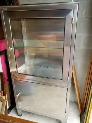 VINTAGE STAINLESS STEEL AND GLASS MEDICAL CABINET 3
