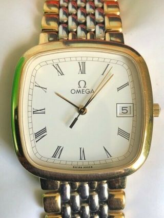 Omega De Ville White Square Quartz Gold Silver Watch 30mm Vintage