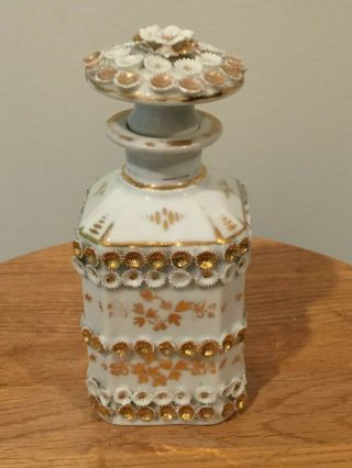 Antique French Porcelain Apothecary Perfume Bottle Decanter Raised Flowers Gold