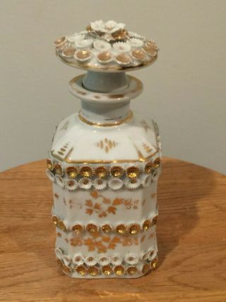 Antique FRENCH Porcelain APOTHECARY Perfume Bottle Decanter Raised Flowers Gold 2