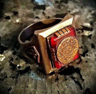 1940 - 50s Mexican Biker/motorcycle Ring Rare Vintage Mayan Aztec Silver W Red Gem