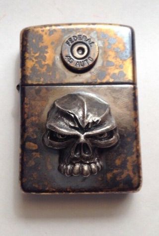 Collectible Rare Steel Flame/emerson Zippo Lighter Skull.  45 Federal Shell
