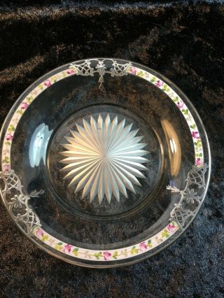 Antique Set Of 6 Sterling Silver Overlay & Floral Enamel Dessert Plates 7 1/4 "
