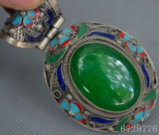 Collectable Old Miao Silver Carve Cloisonne Flower Inlay Jadite Amulet Pendant