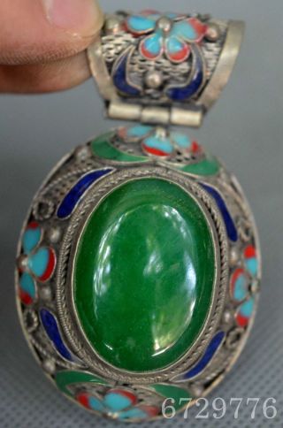 Collectable Old Miao Silver Carve Cloisonne Flower Inlay Jadite Amulet Pendant 2
