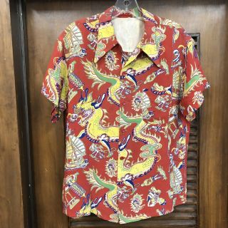 Vintage 1940’s Dragon Asian Cartoon Pattern Loop Collar Rayon Hawaiian Shirt - M