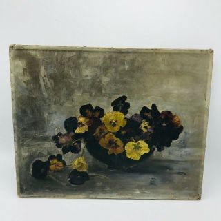 Antique Oil Painting Pansies Chas J.  Edwards 1800s Purple Yellow Flowers Floral