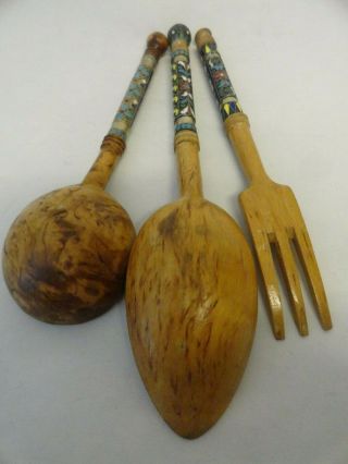 Antique Russian Karleian Birch Wood And Silver 84 Enamel 2 Large Spoons And Fork