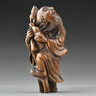 19th Japanese Handmade Boxwood Wood Netsuke " Beggar Needy " Figurine Carving