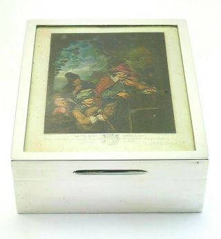 C1927,  Mappin & Webb,  Solid Silver Cigarette Cigar Box,  Silvered Pictorial Lid