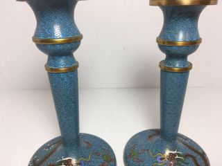 Chinese Cloisonne Enamel Brass Candle Holders Dragon Design 5.  75” Home Decor 3