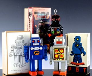 3 Vintage Estate Toy Robots In Boxes High Wheel China Russian Pobot,