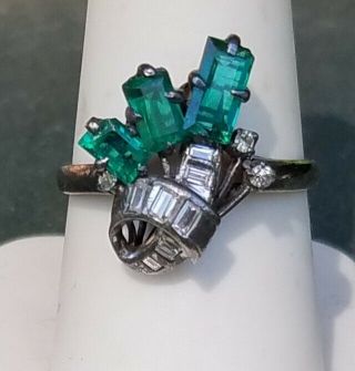 Vintage Estate 1930s 18k White Gold Emerald Diamond Cocktail Ring Size 8.  5