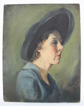 Antique Portrait Oil Painting Woman Old Vintage 1940s Mid - Century Lady