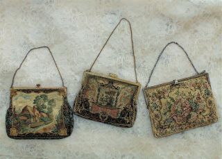 3 Antique French Tapestry Evening Purses Petit Point