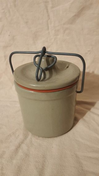 Vintage Unmarked Small Grey Crock,  With Bail And Seal,  No Cracks Or Chip