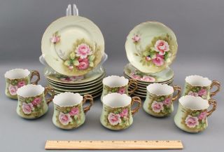 24pc Vintage Lefton China Hand Painted Green Heritage Rose Porcelain Dessert Set