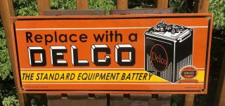 Vintage 1949 Dated Double Sided Delco Battery Porcelain Gas Station Pump Sign