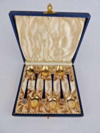 Box Set Of Egon Lauridsen Sterling Silver Gold Wash Blue Enamel Demitasse Spoons