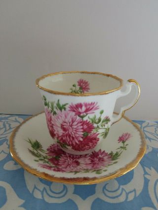 Vintage Adderley Pink Chrysanthemums Teacup And Saucer Set Lawley England