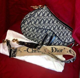 Auth.  Vintage Christian Dior Saddle Bag Blue 27cm & 2018 Shoulder Strap