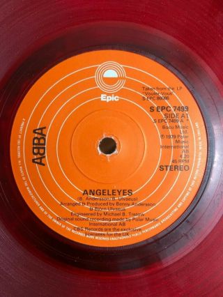 Rare ABBA red vinyl Record.  rare 1979 Test Pressing single.  Angel eyes. 2
